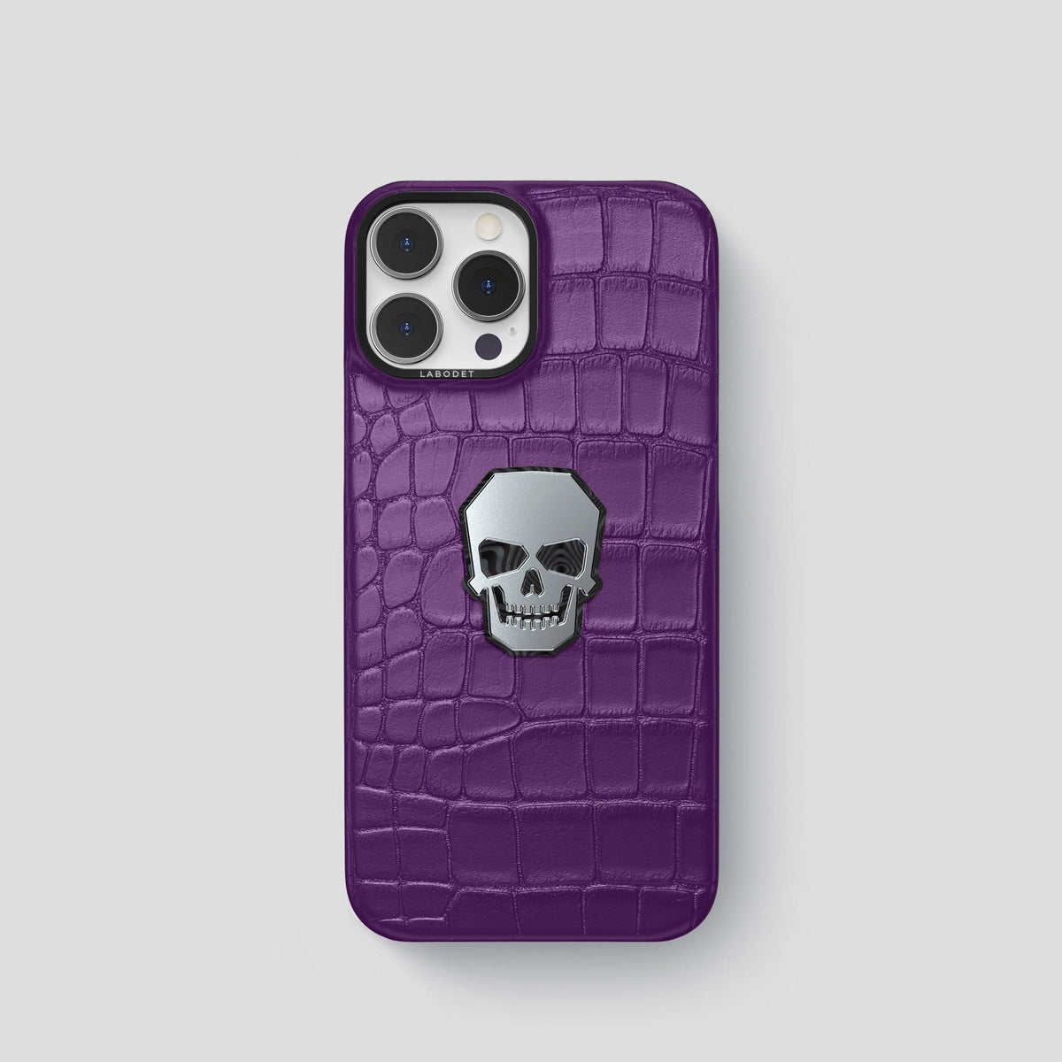 Purple iPhone 15 Pro Classic Case With Titanium Skull Alligator with Black Metal -1 | Purple-Black