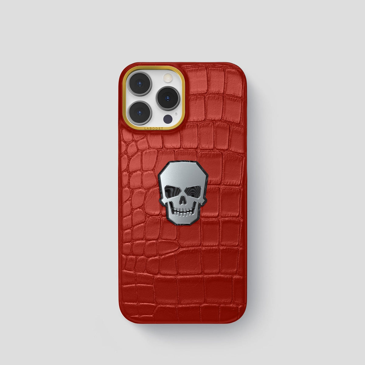 Red iPhone 15 Pro Classic Case With Titanium Skull Alligator with Gold Metal -1 | Red-Gold