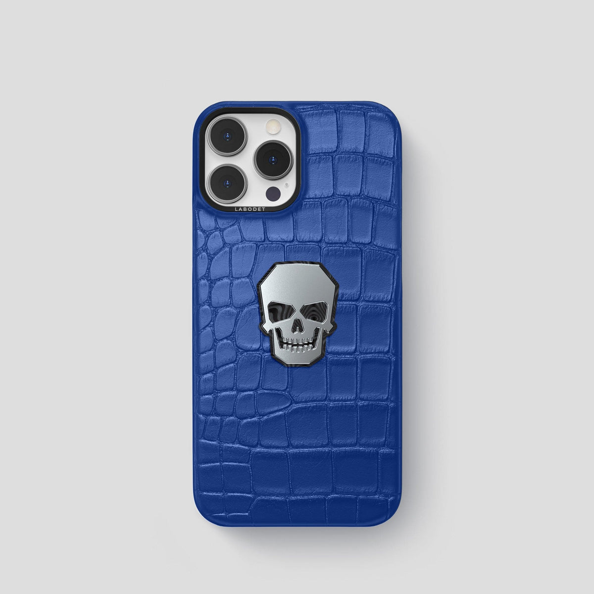 Royal Blue iPhone 15 Pro Classic Case With Titanium Skull Alligator with Black Metal -1 | Royal-Blue-Black