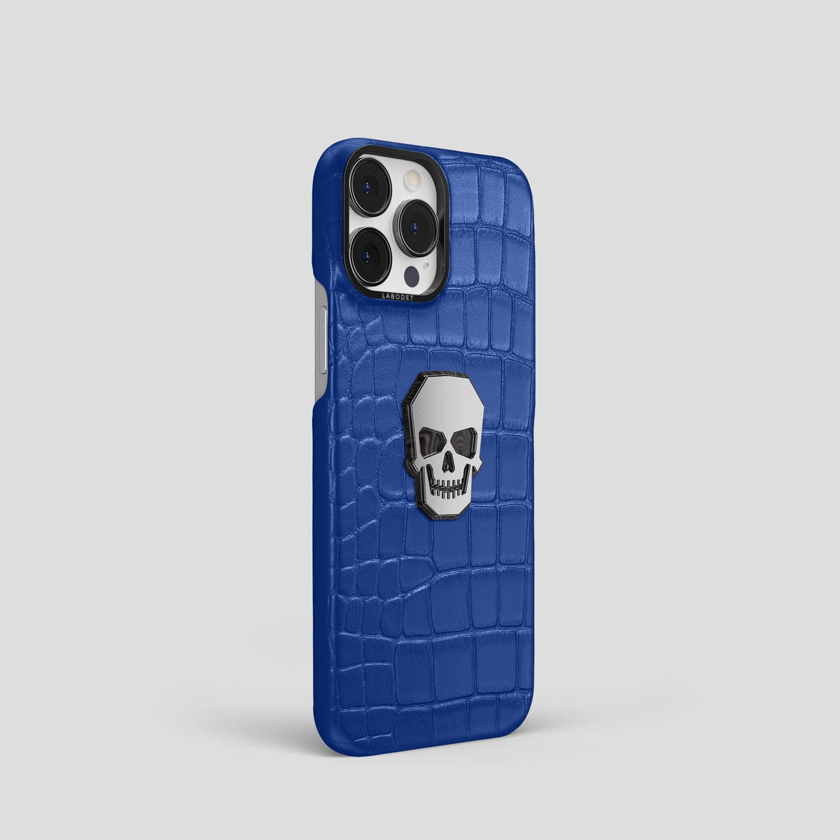 Royal Blue iPhone 15 Pro Classic Case With Titanium Skull Alligator with Black Metal -2 | Royal-Blue-Black