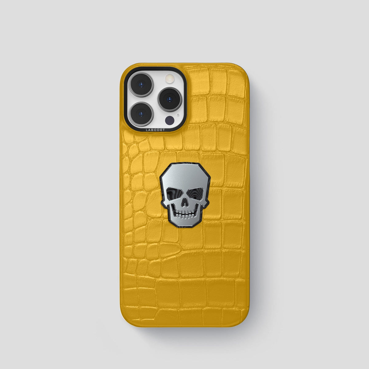 Yellow iPhone 15 Pro Classic Case With Titanium Skull Alligator with Black Metal -1 | Yellow-Black