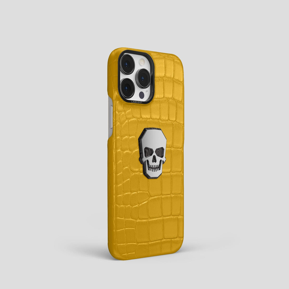 Yellow iPhone 15 Pro Classic Case With Titanium Skull Alligator with Black Metal -2 | Yellow-Black