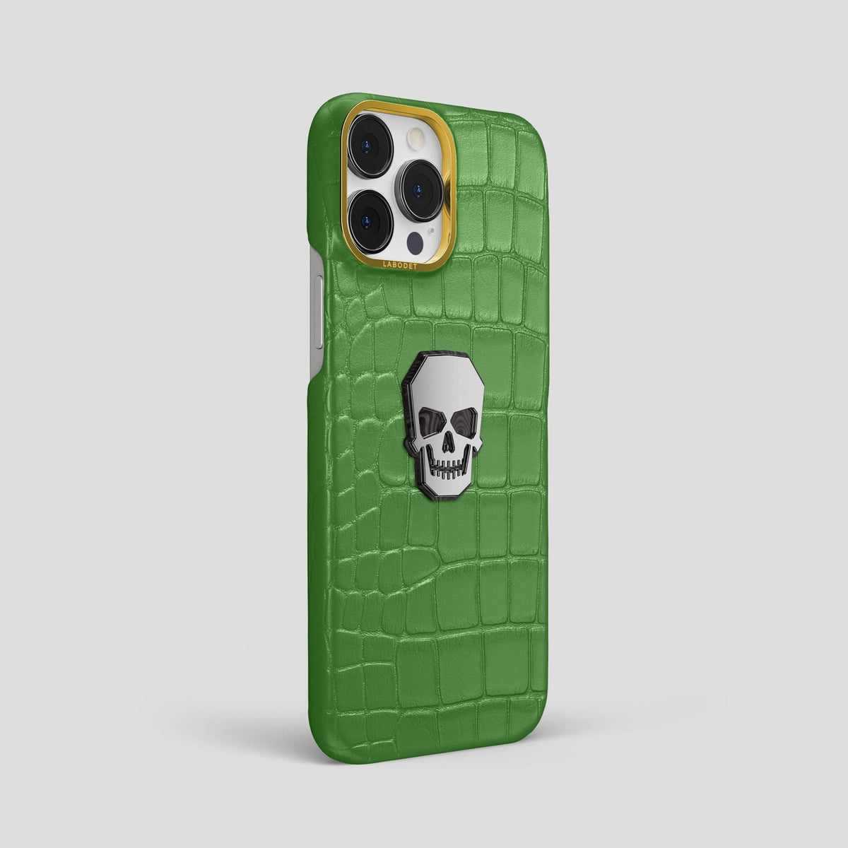 Apple-Green iPhone 15 Pro Max Classic Case With Titanium Skull Alligator with Gold Metal -2 | Apple-Green-Gold