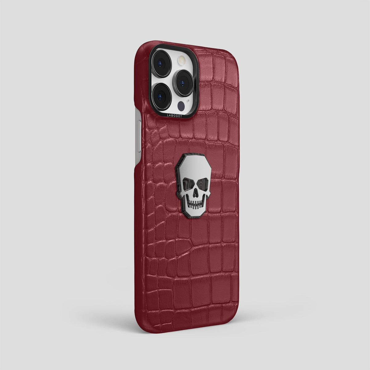 Burgundy iPhone 15 Pro Max Classic Case With Titanium Skull Alligator with Black Metal -2 | Burgundy-Black