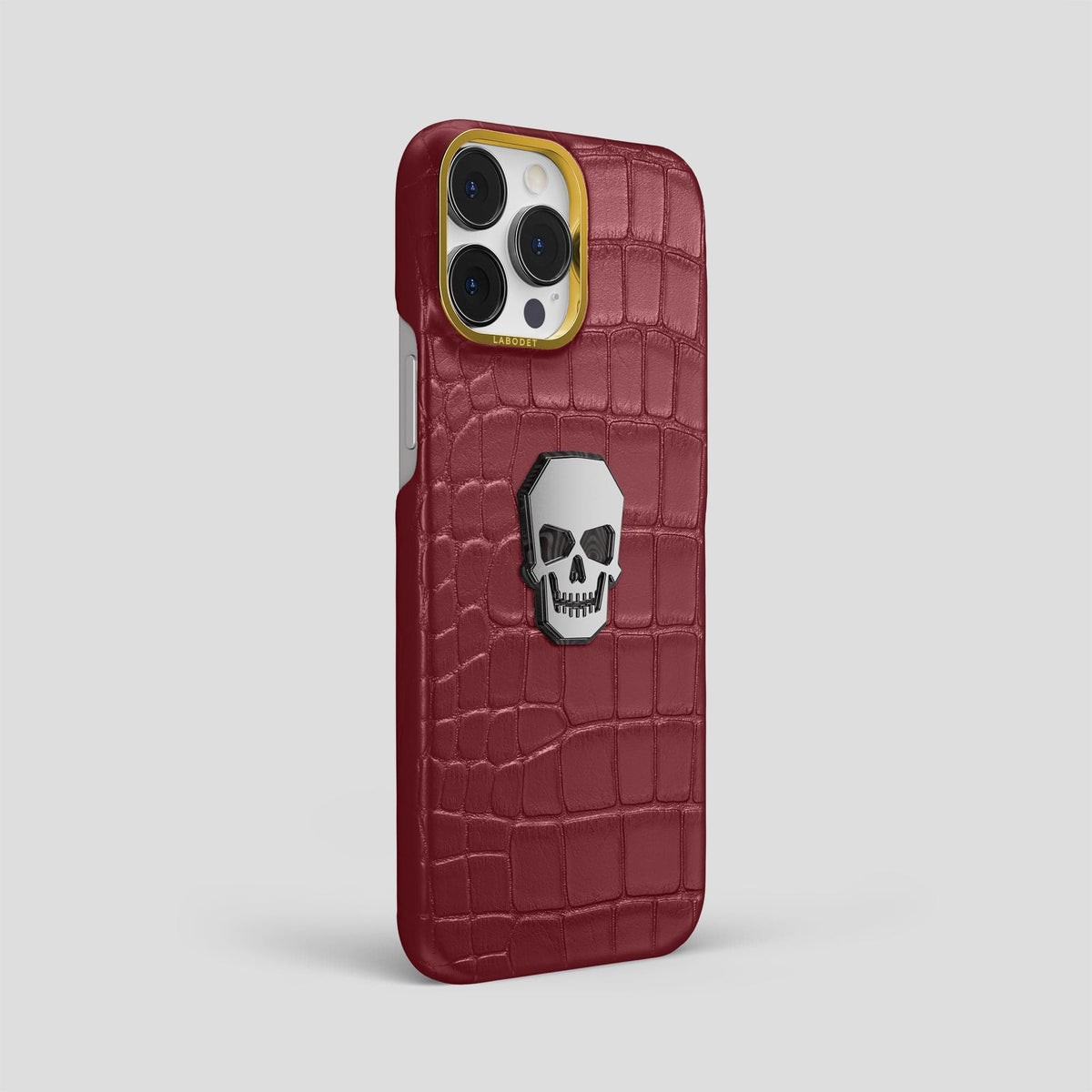 Burgundy iPhone 15 Pro Max Classic Case With Titanium Skull Alligator with Gold Metal -2 | Burgundy-Gold