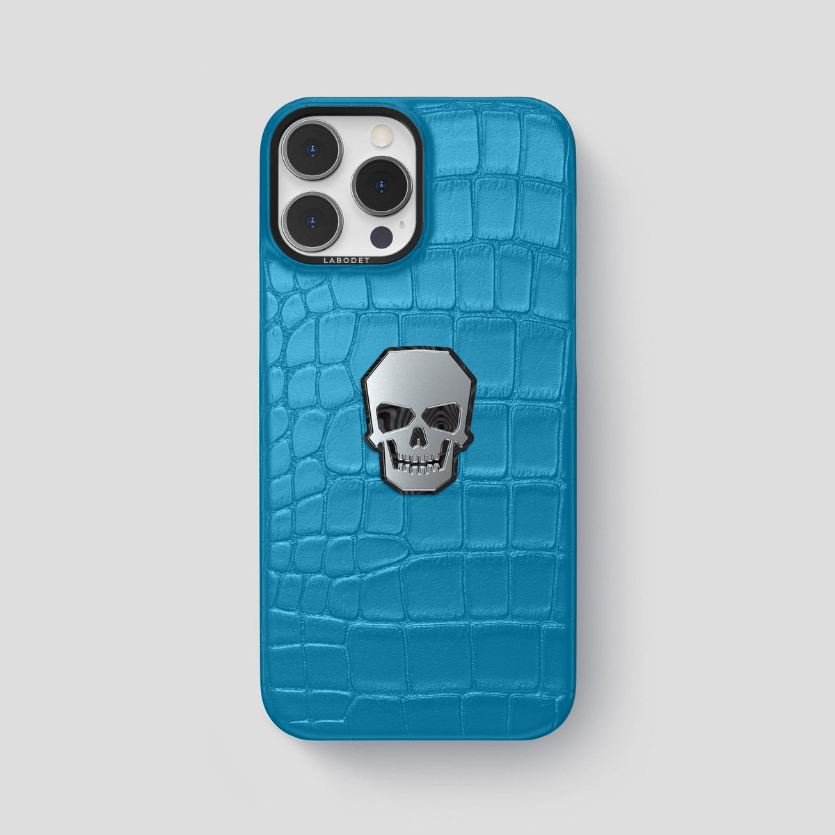 Curaçao-Blue iPhone 15 Pro Max Classic Case With Titanium Skull Alligator with Black Metal -1 | Curaçao-Blue-Black