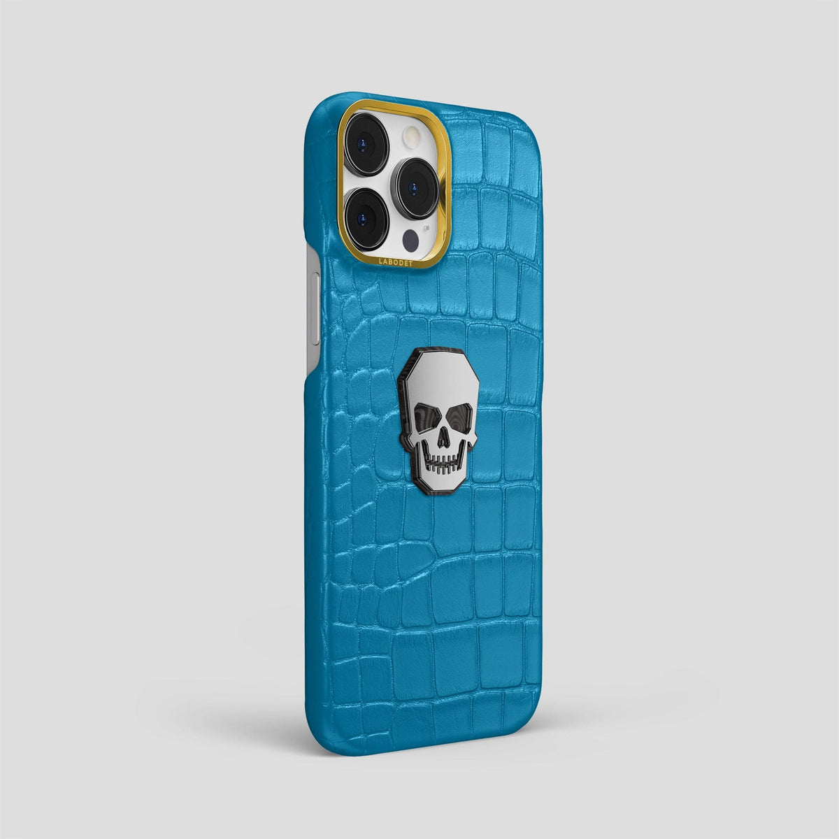 Curaçao-Blue iPhone 15 Pro Max Classic Case With Titanium Skull Alligator with Gold Metal -2 | Curaçao-Blue-Gold
