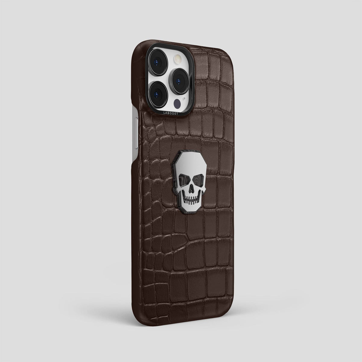 Dark-Brown iPhone 15 Pro Max Classic Case With Titanium Skull Alligator with Black Metal -2 | Dark-Brown-Black