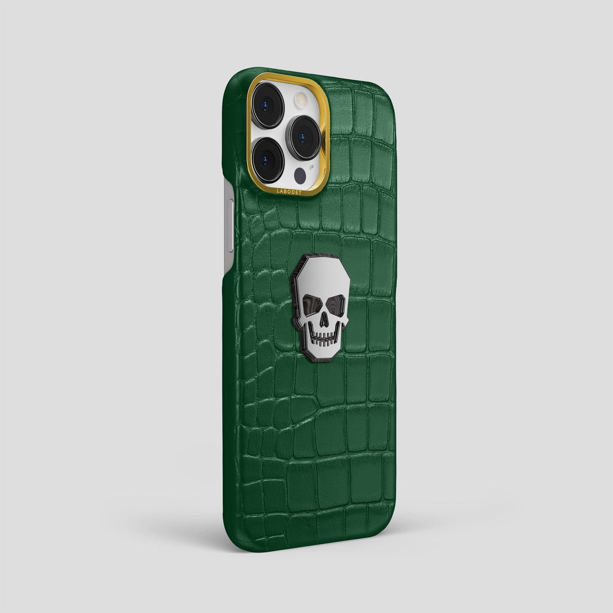 Forest-Green iPhone 15 Pro Max Classic Case With Titanium Skull Alligator with Gold Metal -2 | Forest-Green-Gold