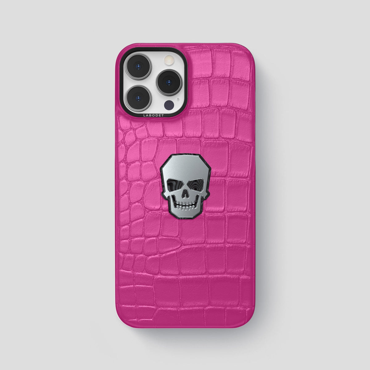 Fuchsia iPhone 15 Pro Max Classic Case With Titanium Skull Alligator with Black Metal -1 | Fuchsia-Black