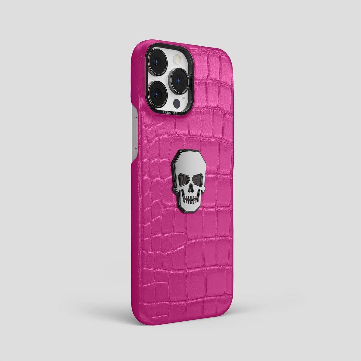 Fuchsia iPhone 15 Pro Max Classic Case With Titanium Skull Alligator with Black Metal -2 | Fuchsia-Black