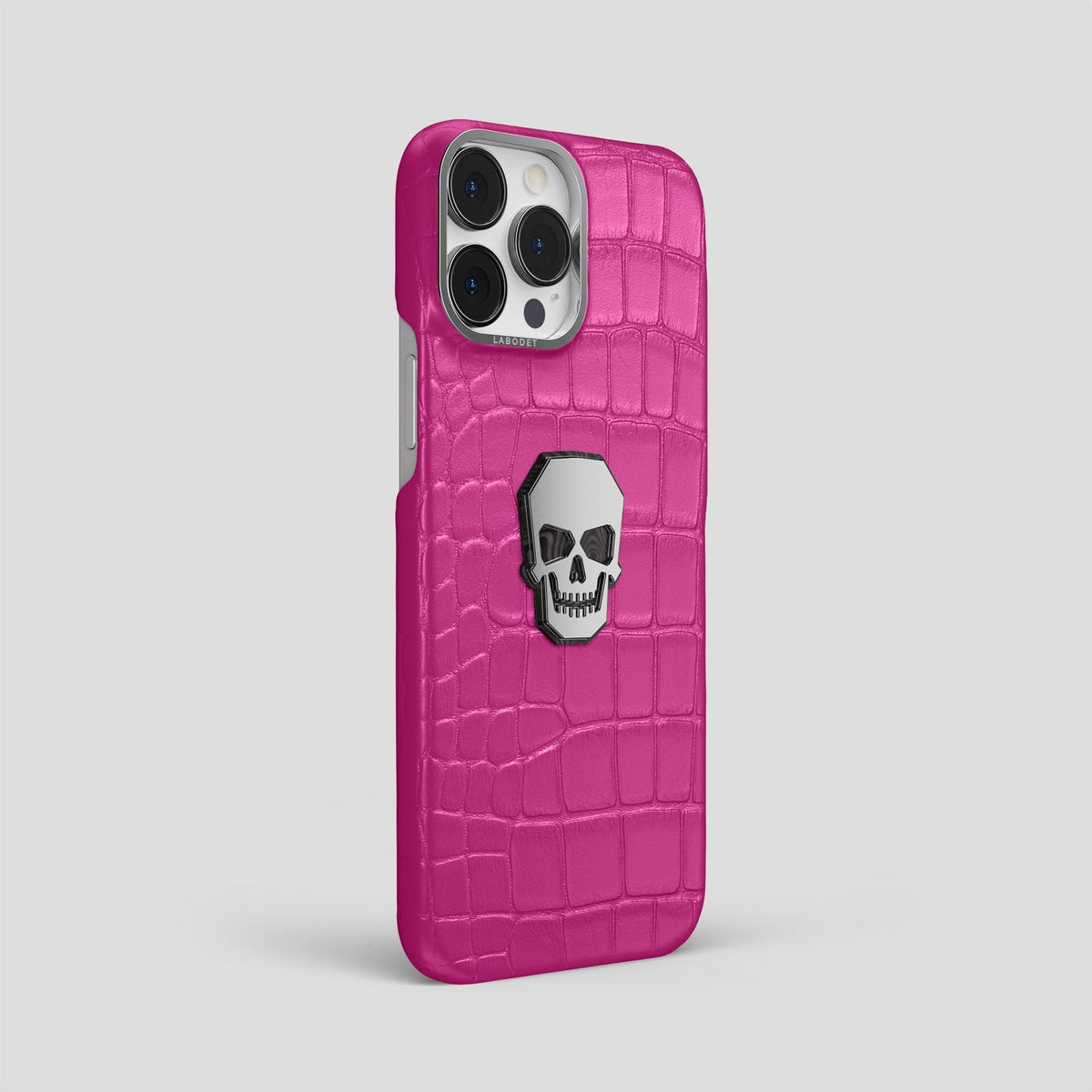 Fuchsia iPhone 15 Pro Max Classic Case With Titanium Skull Alligator with Steel Metal -2 | Fuchsia-Steel