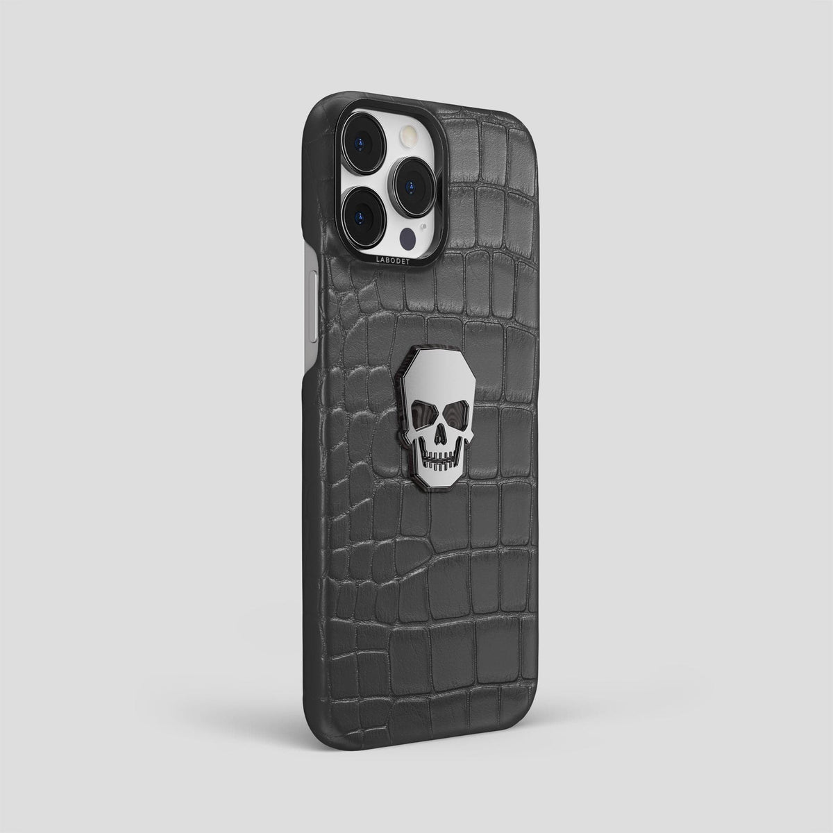 Grey iPhone 15 Pro Max Classic Case With Titanium Skull Alligator with Black Metal -2 | Grey-Black