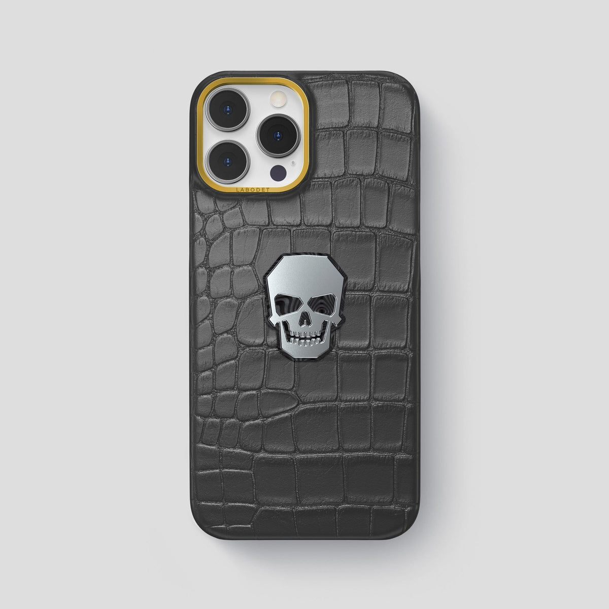 Grey iPhone 15 Pro Max Classic Case With Titanium Skull Alligator with Gold Metal -1 | Grey-Gold