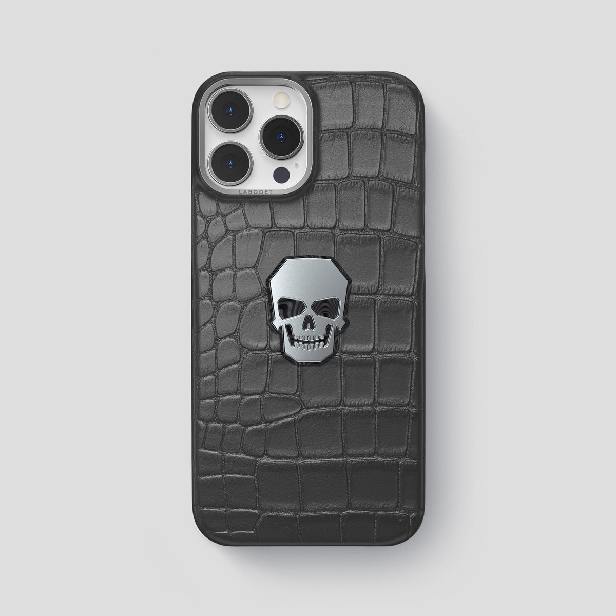Grey iPhone 15 Pro Max Classic Case With Titanium Skull Alligator with Steel Metal -1 | Grey-Steel