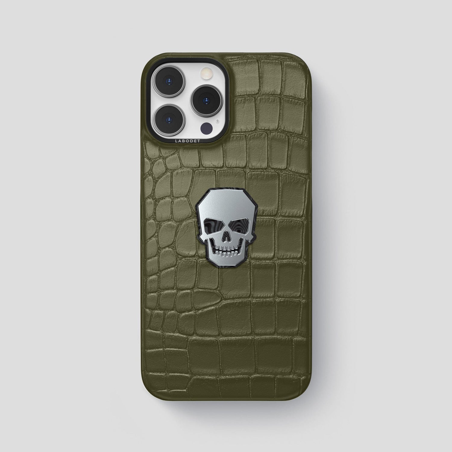 Kaki-Green iPhone 15 Pro Max Classic Case With Titanium Skull Alligator with Black Metal -1 | Kaki-Green-Black