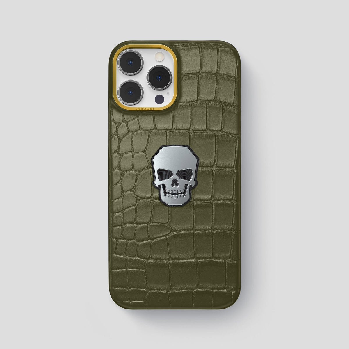 Kaki-Green iPhone 15 Pro Max Classic Case With Titanium Skull Alligator with Gold Metal -1 | Kaki-Green-Gold