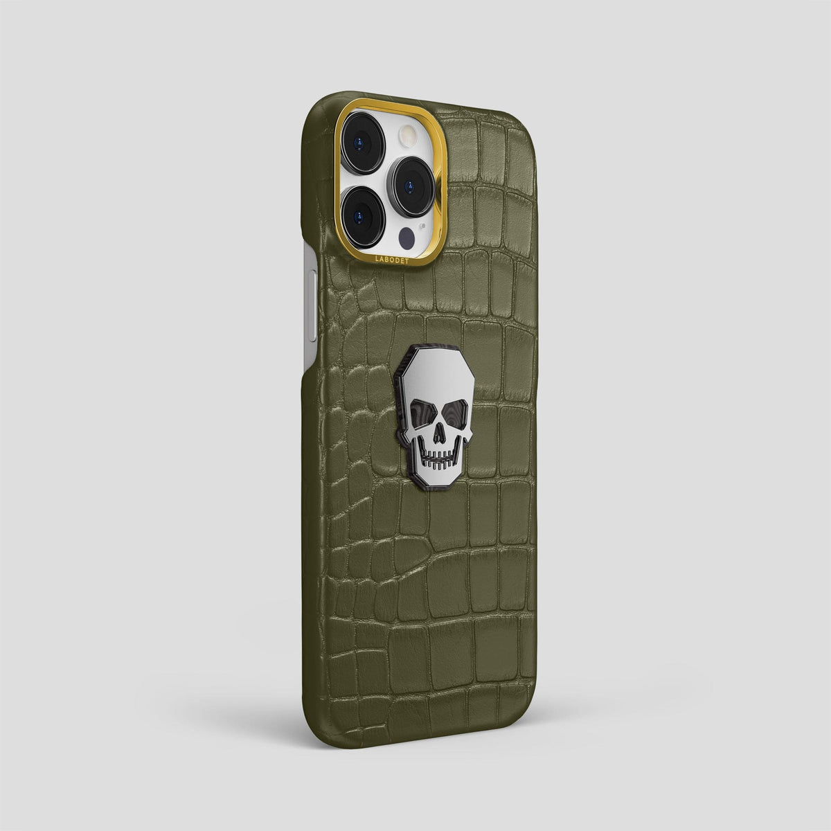 Kaki-Green iPhone 15 Pro Max Classic Case With Titanium Skull Alligator with Gold Metal -2 | Kaki-Green-Gold