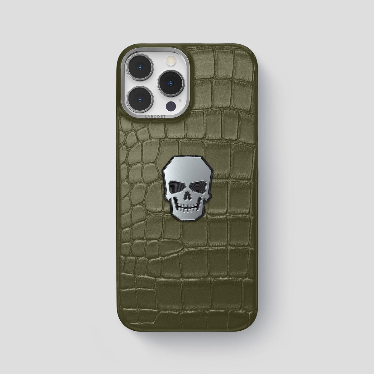 Kaki-Green iPhone 15 Pro Max Classic Case With Titanium Skull Alligator with Steel Metal -1 | Kaki-Green-Steel