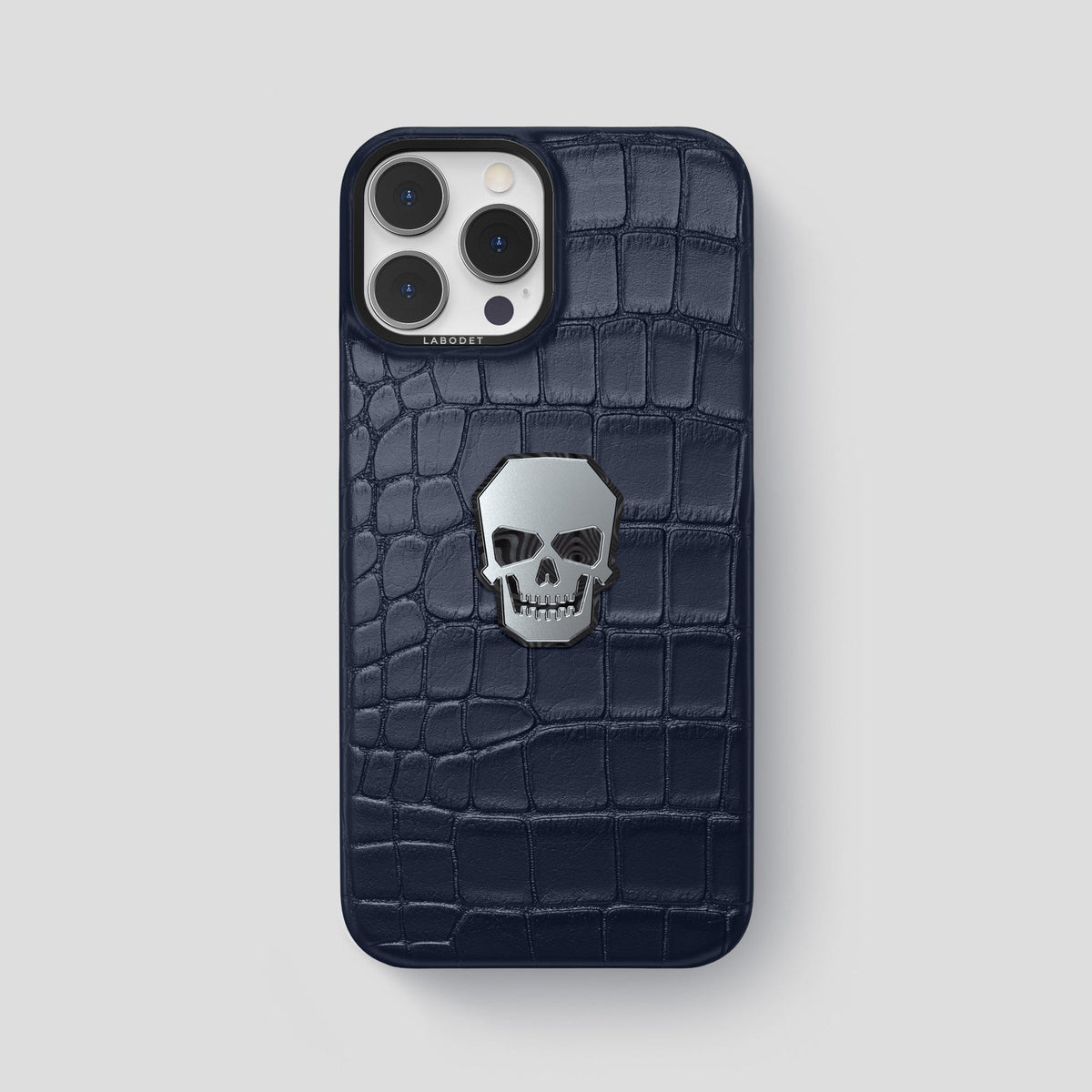 Navy Blue iPhone 15 Pro Max Classic Case With Titanium Skull Alligator with Black Metal -1 | Navy-Blue-Black