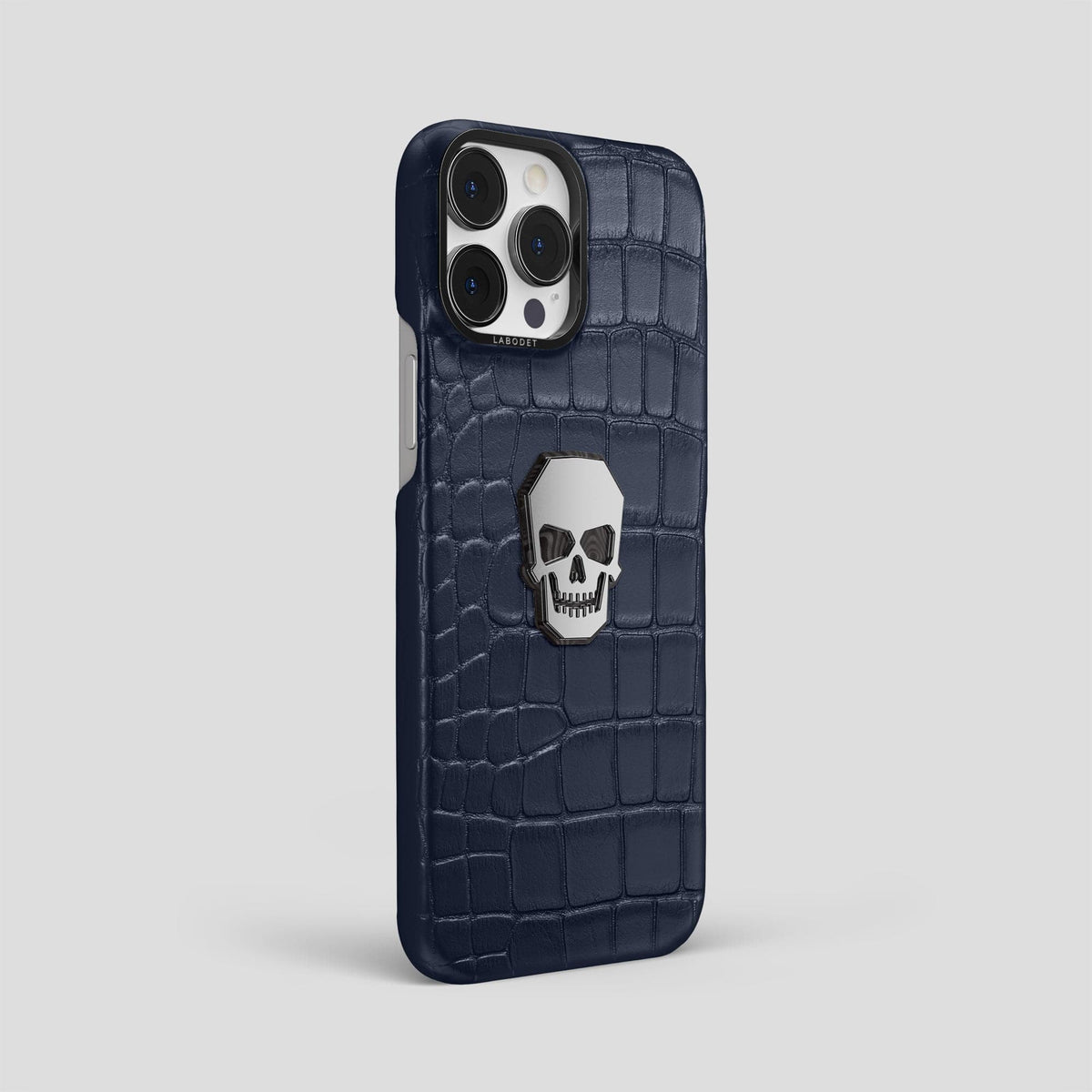 Navy Blue iPhone 15 Pro Max Classic Case With Titanium Skull Alligator with Black Metal -2 | Navy-Blue-Black