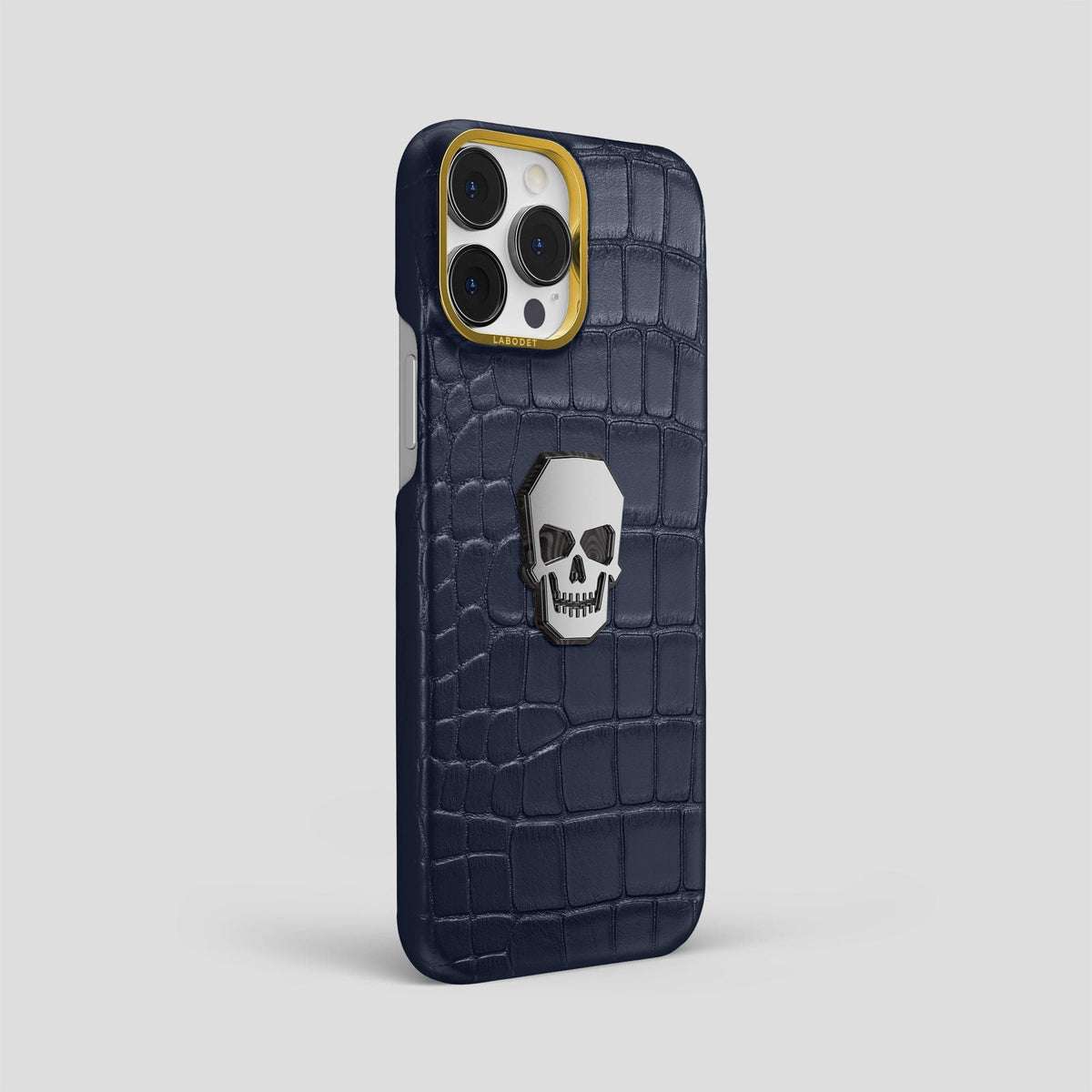 Navy Blue iPhone 15 Pro Max Classic Case With Titanium Skull Alligator with Gold Metal -2 | Navy-Blue-Gold