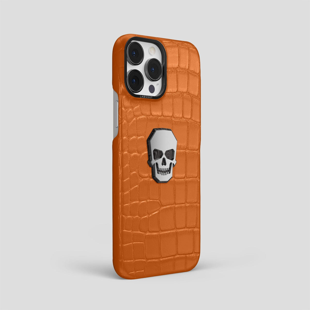 Orange iPhone 15 Pro Max Classic Case With Titanium Skull Alligator with Black Metal -2 | Orange-Black