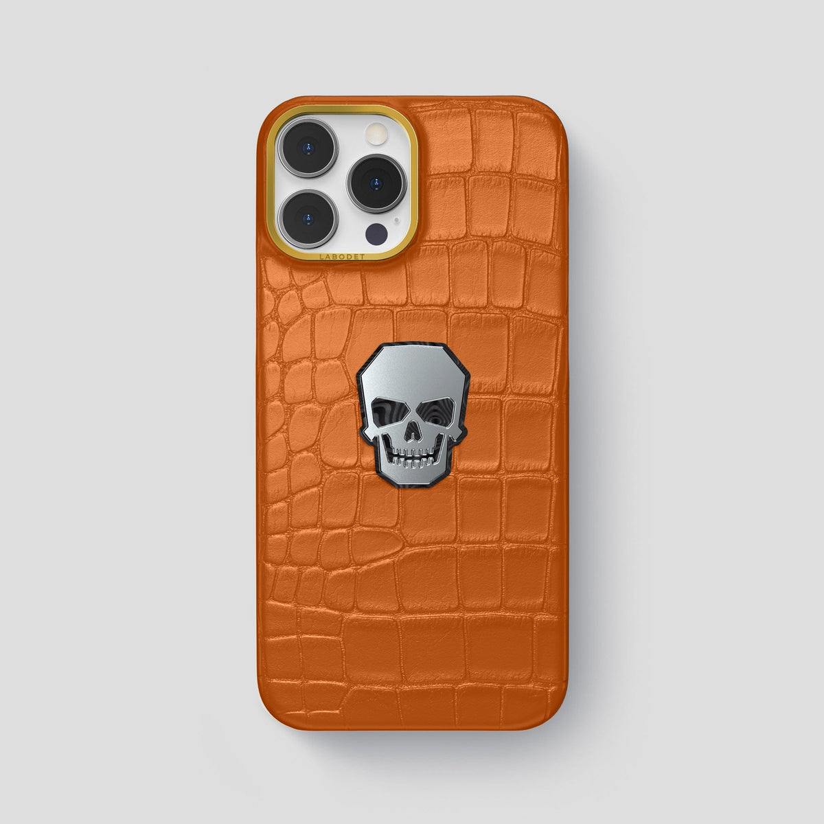Orange iPhone 15 Pro Max Classic Case With Titanium Skull Alligator with Gold Metal -1 | Orange-Gold