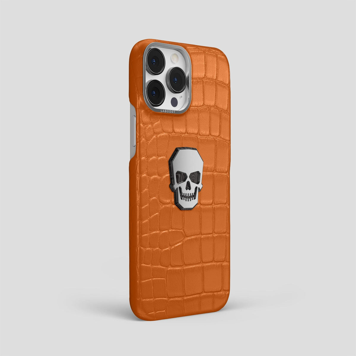 Orange iPhone 15 Pro Max Classic Case With Titanium Skull Alligator with Steel Metal -2 | Orange-Steel
