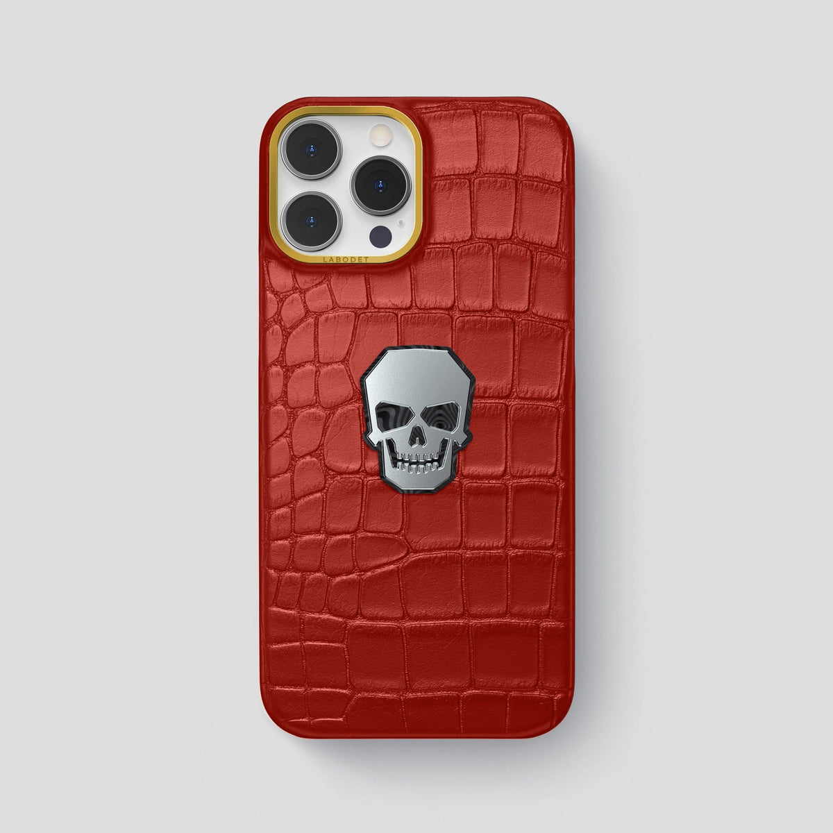 Red iPhone 15 Pro Max Classic Case With Titanium Skull Alligator with Gold Metal -1 | Red-Gold