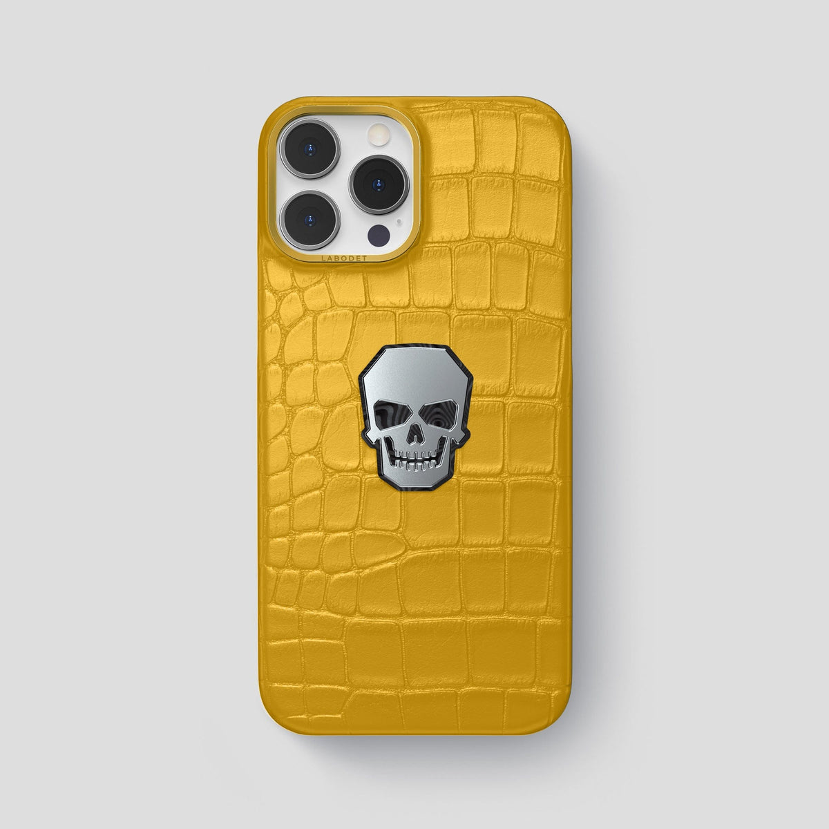 Yellow iPhone 15 Pro Max Classic Case With Titanium Skull Alligator with Gold Metal -1 | Yellow-Gold