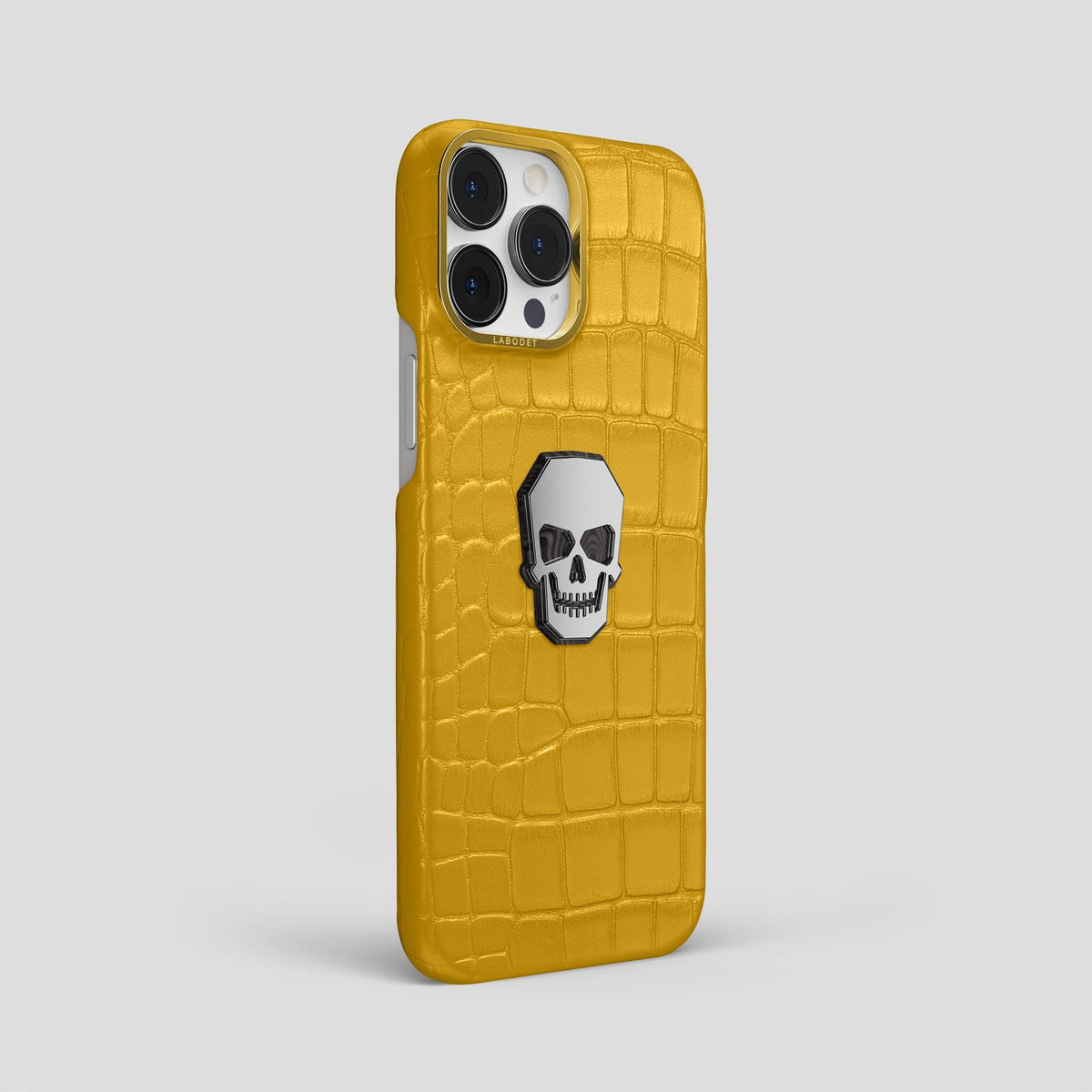 Yellow iPhone 15 Pro Max Classic Case With Titanium Skull Alligator with Gold Metal -2 | Yellow-Gold