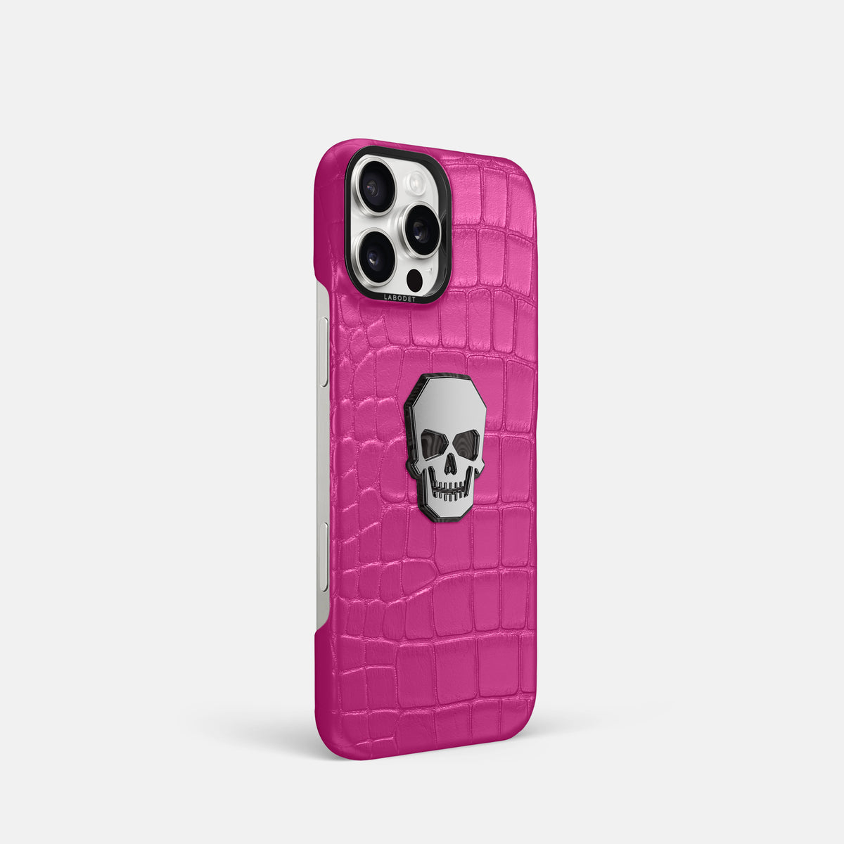 Fuchsia iPhone 16 Pro Classic Case Alligator with Black Metal -2 | Fuchsia-Black