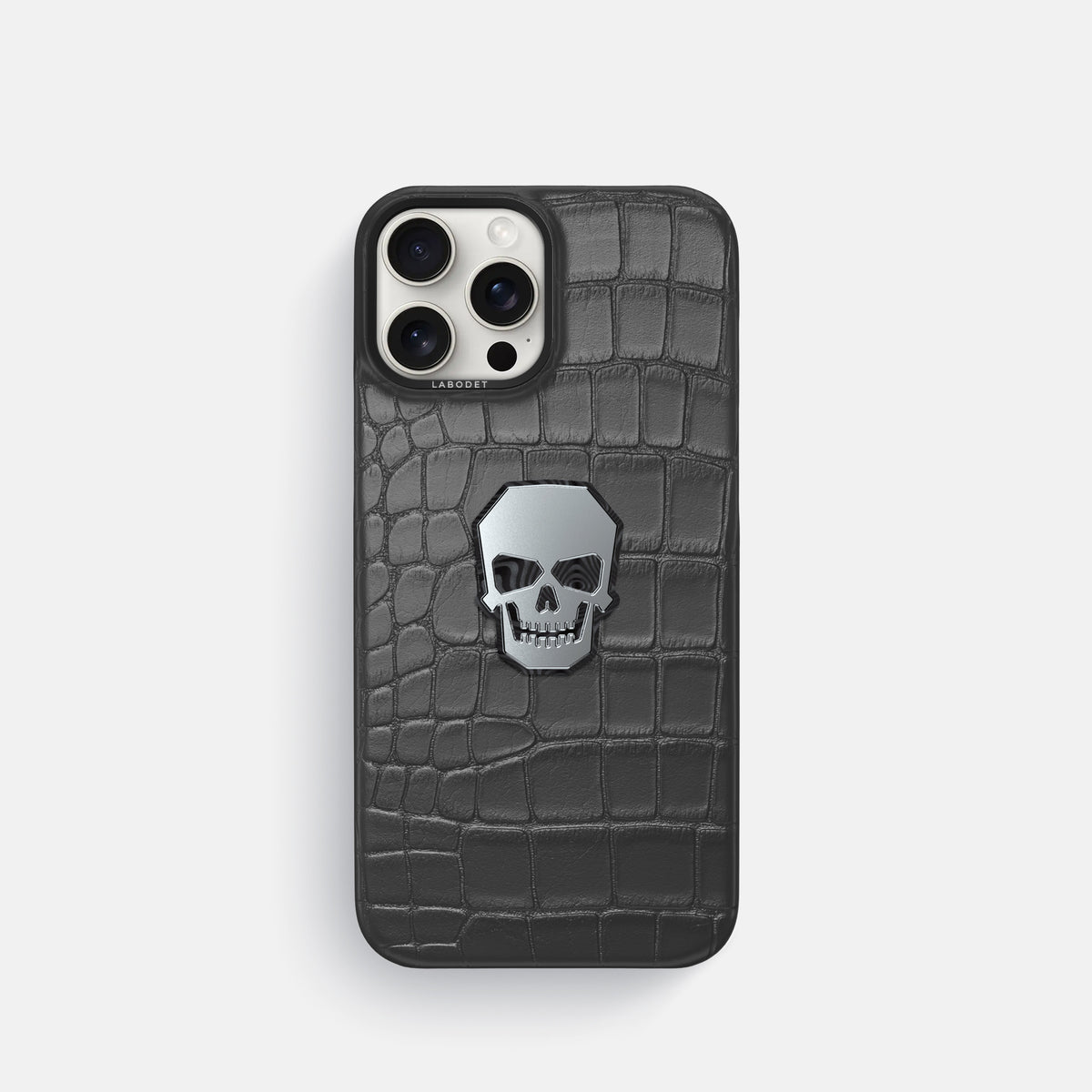 Grey iPhone 16 Pro Classic Case Alligator with Black Metal -1 | Grey-Black