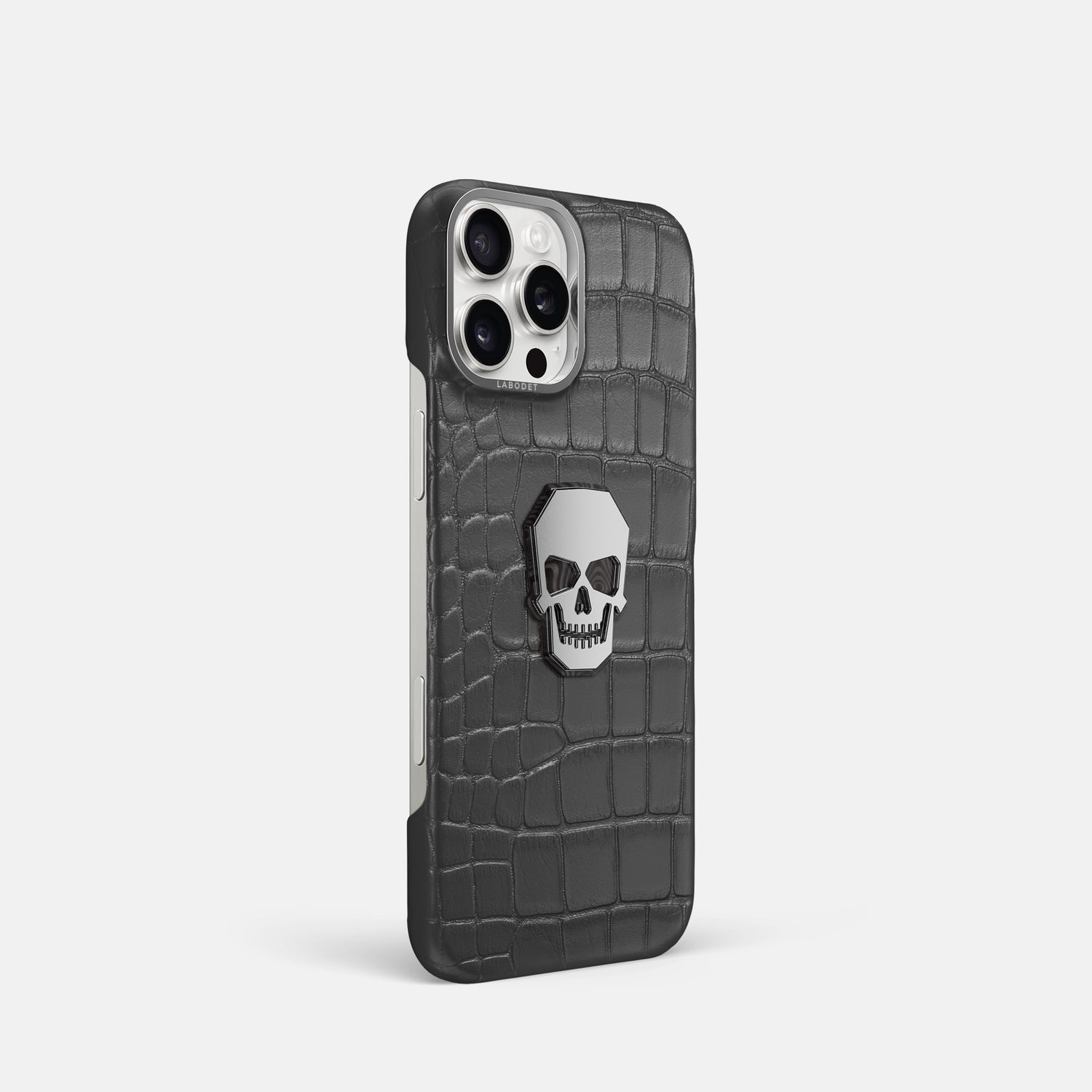 Grey iPhone 16 Pro Classic Case Alligator with Steel Metal -2 | Grey-Steel