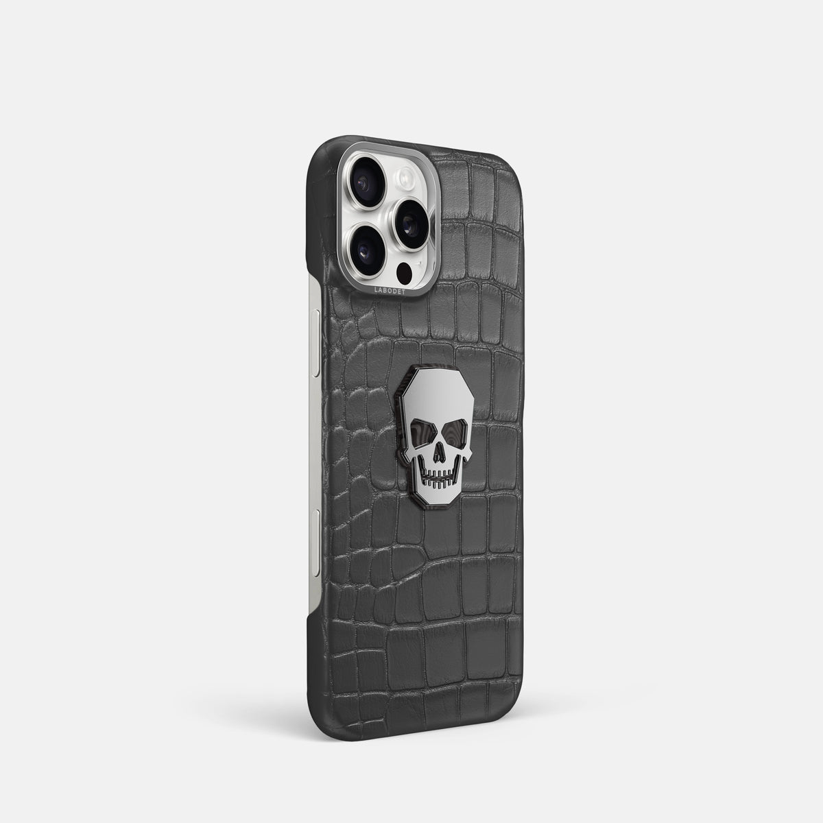 Grey iPhone 16 Pro Classic Case Alligator with Steel Metal -2 | Grey-Steel