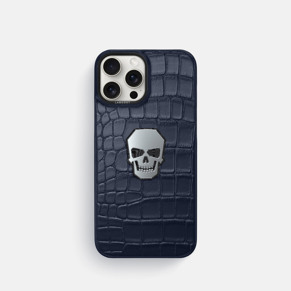 Navy Blue iPhone 16 Pro Classic Case Alligator with Black Metal -1 | Navy-Blue-Black