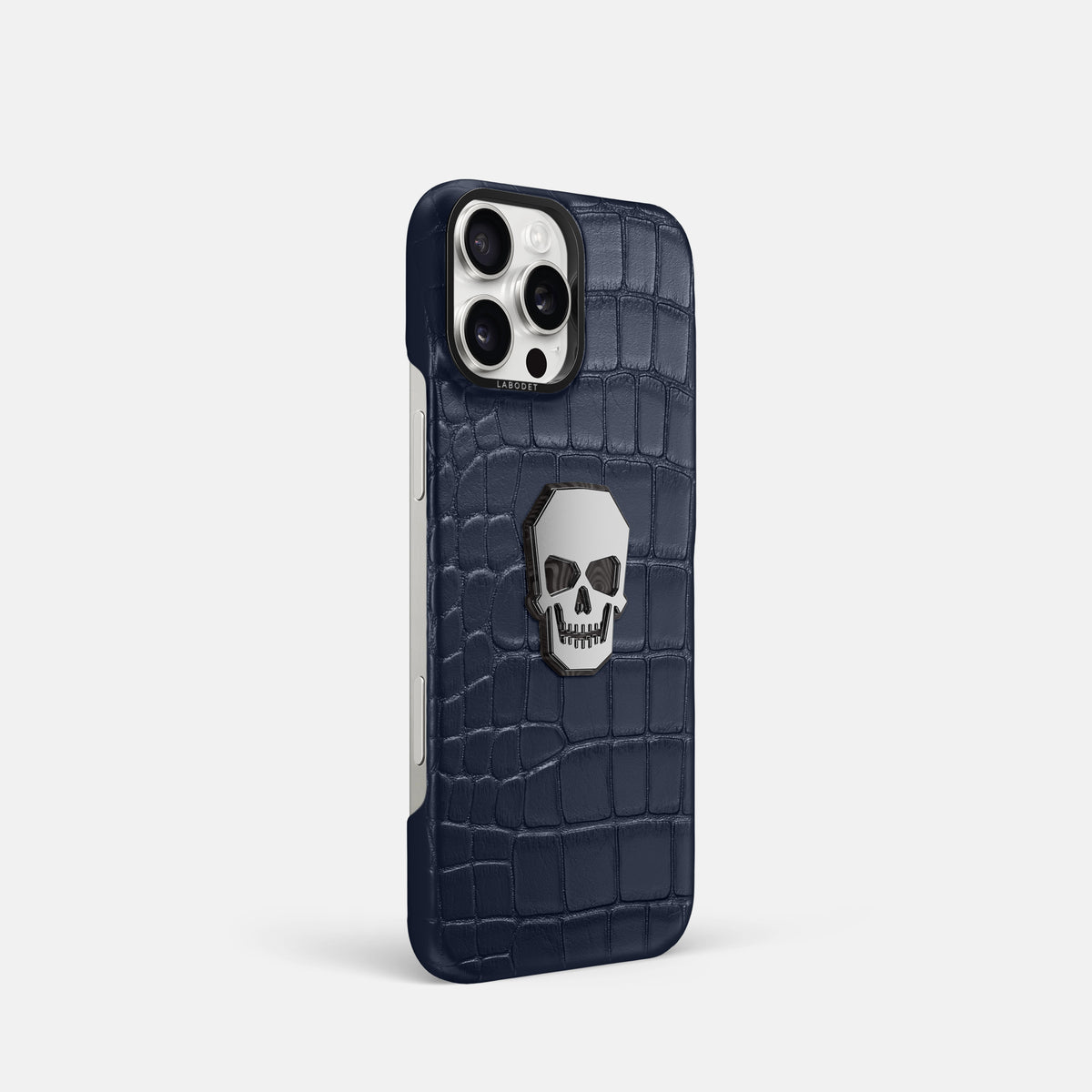 Navy Blue iPhone 16 Pro Classic Case Alligator with Black Metal -2 | Navy-Blue-Black