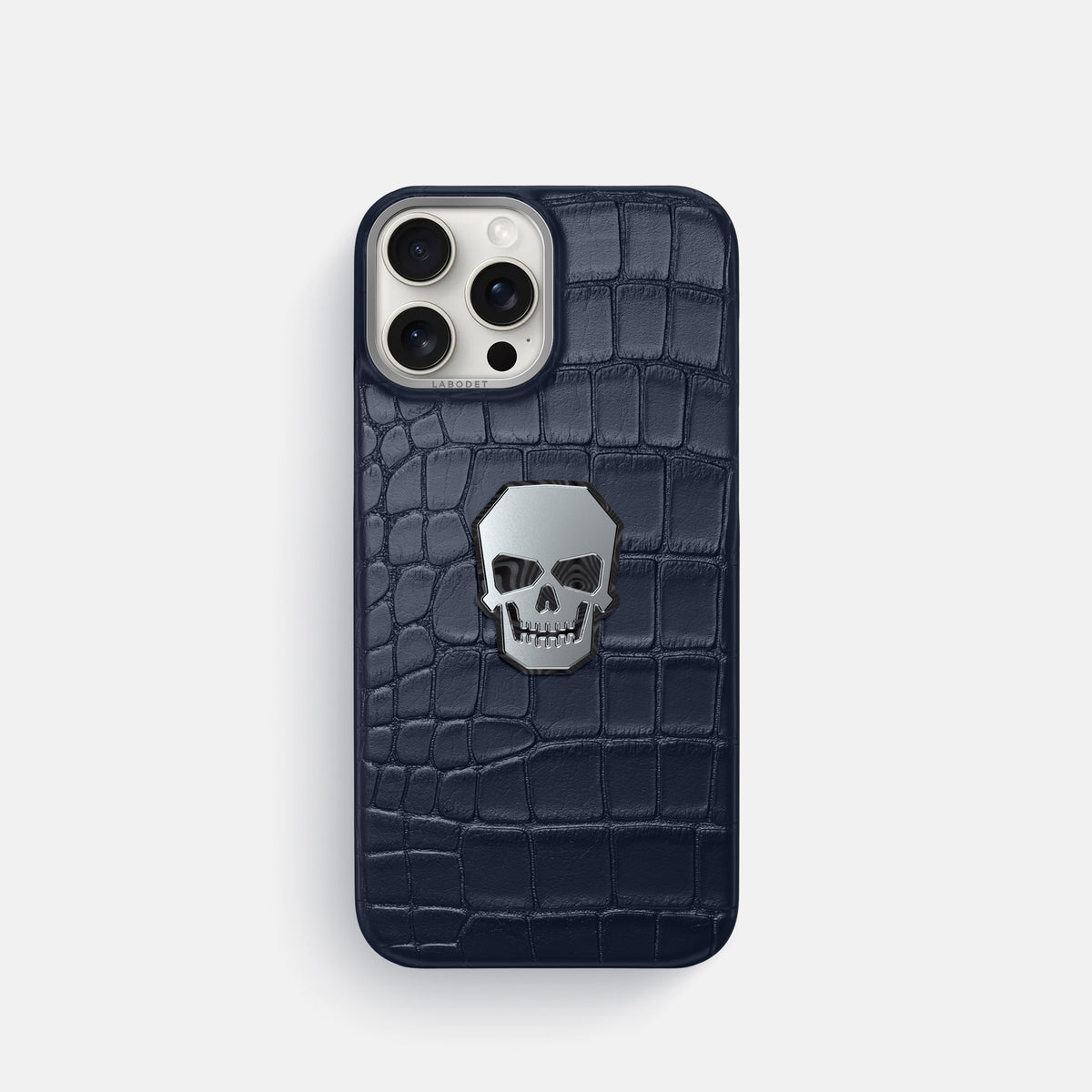 Navy Blue iPhone 16 Pro Classic Case Alligator with Steel Metal -1 | Navy-Blue-Steel