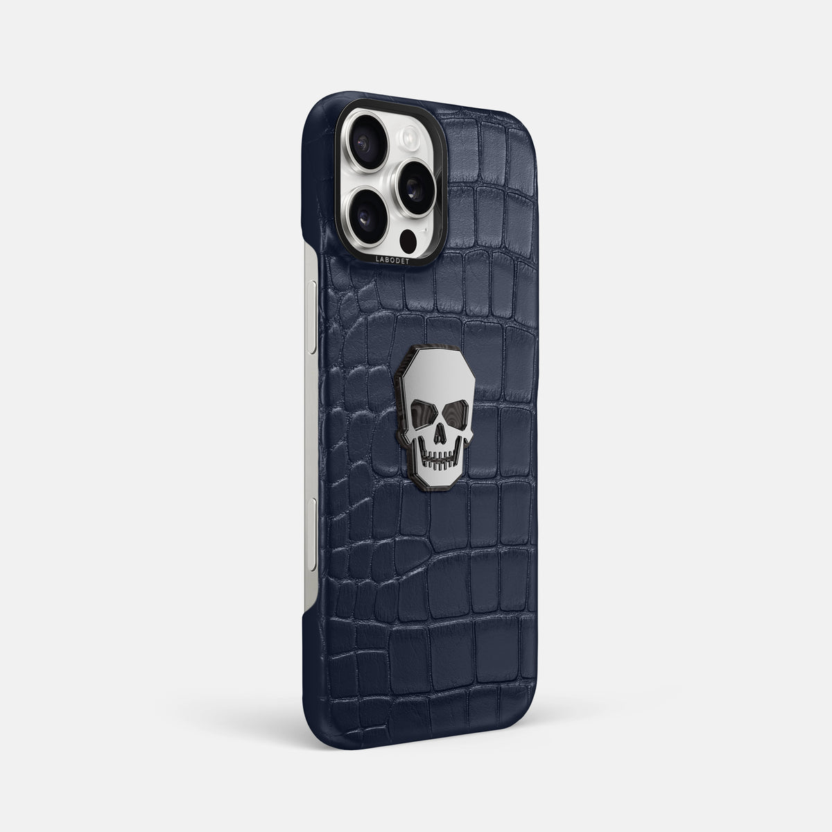 Navy Blue iPhone 16 Pro Max Classic Case Alligator with Black Metal -2 | Navy-Blue-Black