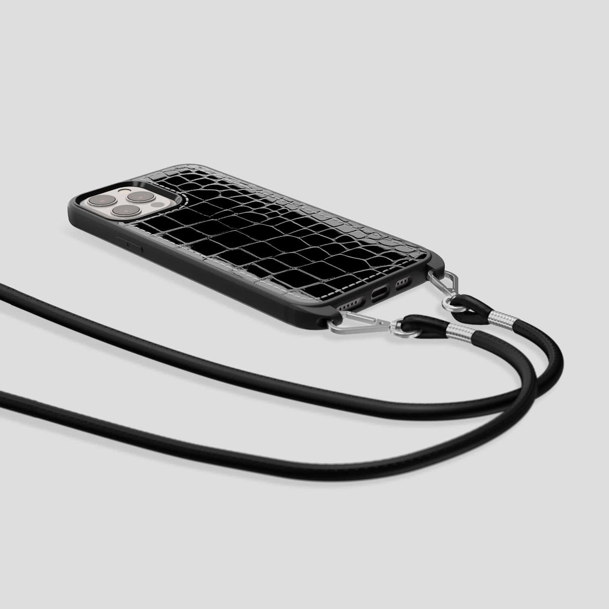 Black iPhone 14 Pro Max Crossbody Sport Case Shiny Alligator -7 | Black