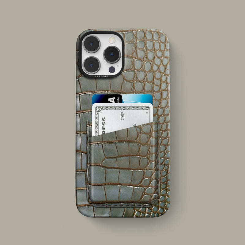 iPhone 14 Pro Max Double Card Case 1/1 Bayou-Green Alligator with Black Metal -1 | Bayou-Green-Black