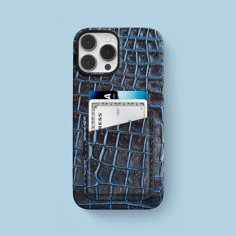 iPhone 15 Pro Max Double Card Case 1/1 Cosmic-Blue Alligator with Black Metal -1 | Cosmic-Blue-Black