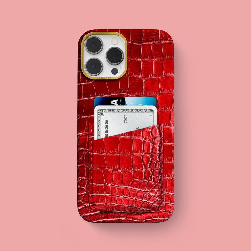 iPhone 15 Pro Max Double Card Case 1/1 DIsco Red Alligator with Gold Metal -1 | Disco-Red-Gold