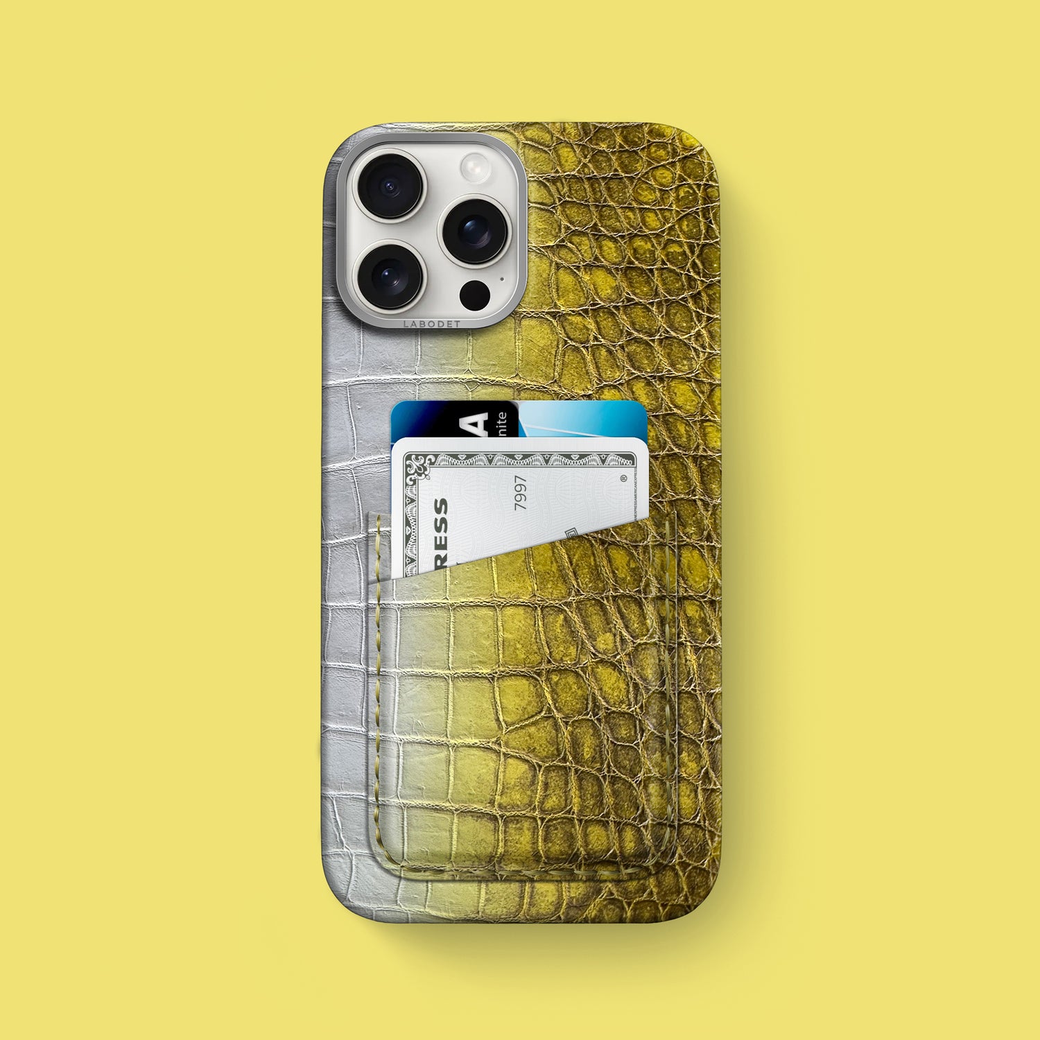 iPhone 16 Pro Max Double Card Case 1/1 Lemon Himalayan Crocodile with Steel Metal -1 | Lemon-Steel
