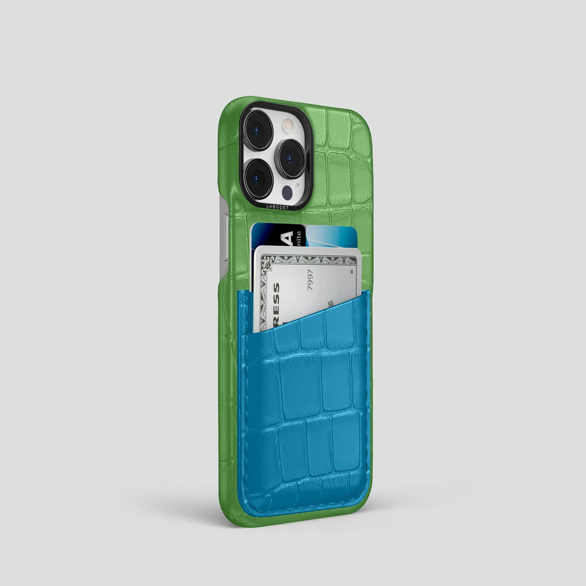 Apple-Green-Curaçao-Blue iPhone 14 Pro Card Case Alligator with Black Metal -2 | Apple-Green-Curaçao-Blue-Black