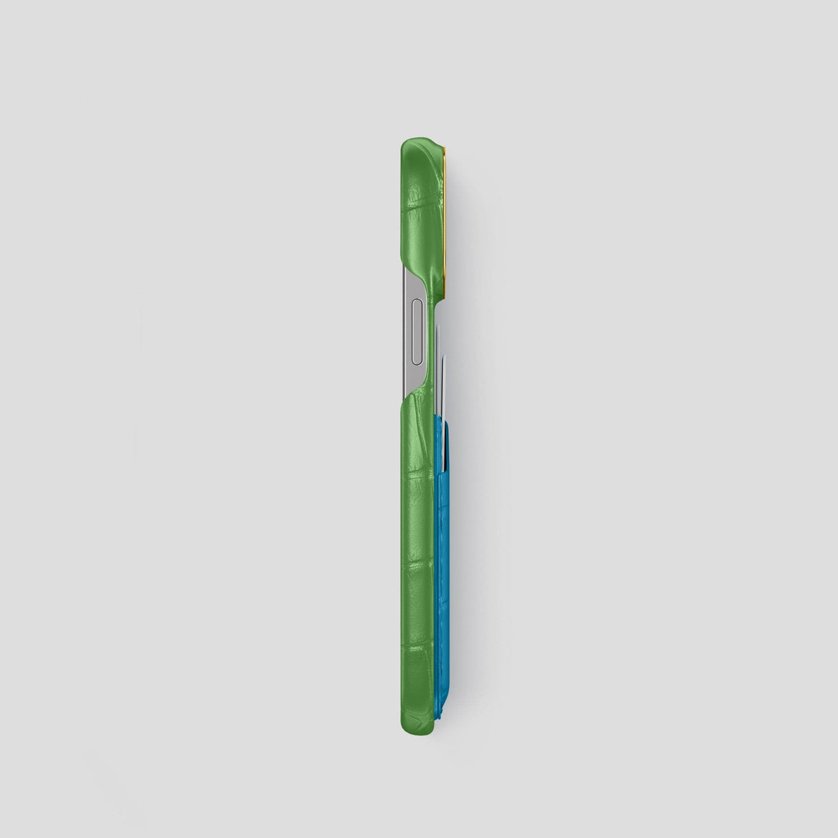 Apple-Green-Curaçao-Blue iPhone 14 Pro Card Case Alligator with Gold Metal -3 | Apple-Green-Curaçao-Blue-Gold