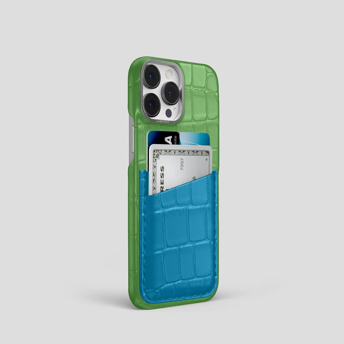 Apple-Green-Curaçao-Blue iPhone 14 Pro Card Case Alligator with Steel Metal -2 | Apple-Green-Curaçao-Blue-Steel