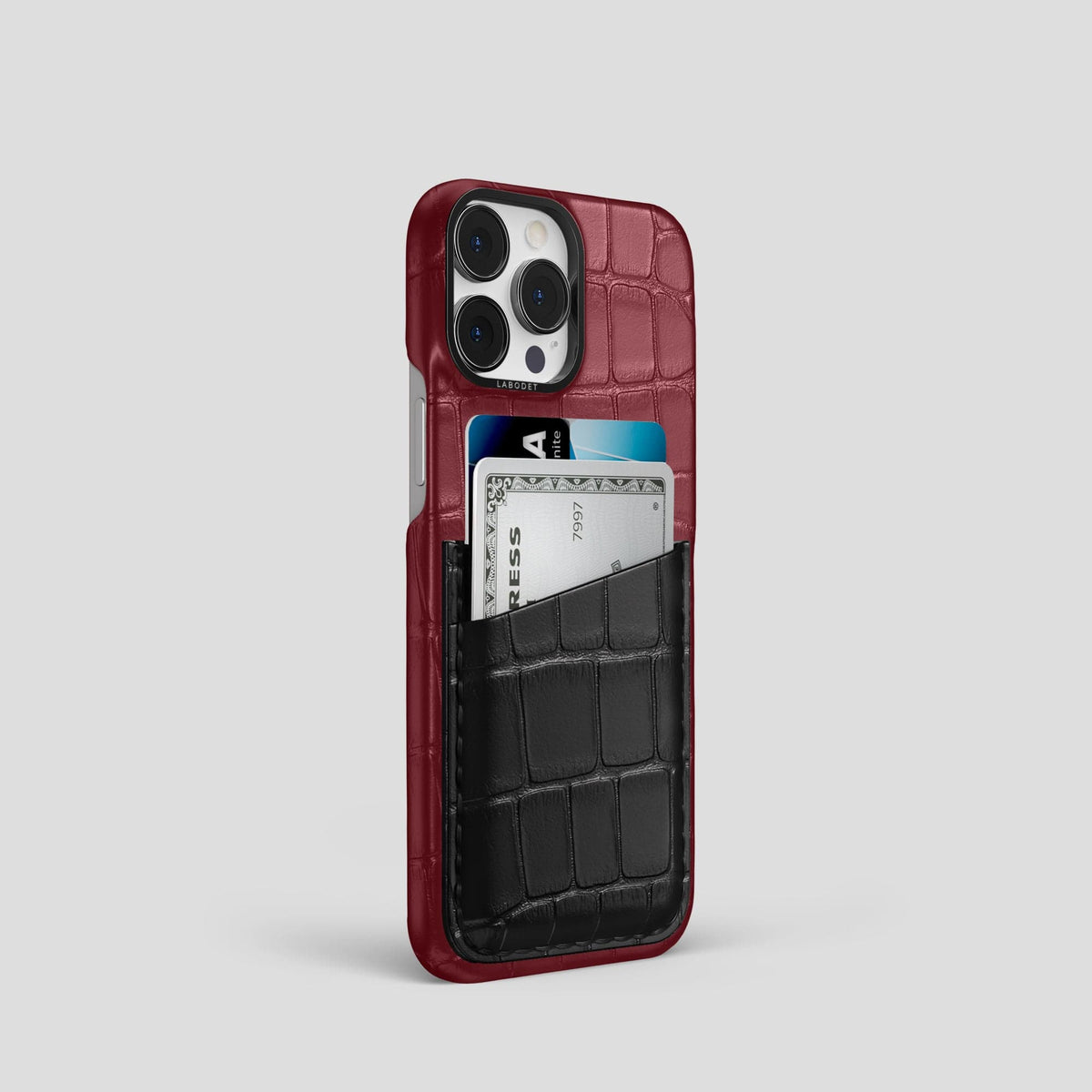 Burgundy-Black iPhone 14 Pro Card Case Alligator with Black Metal -2 | Burgundy-Black-Black