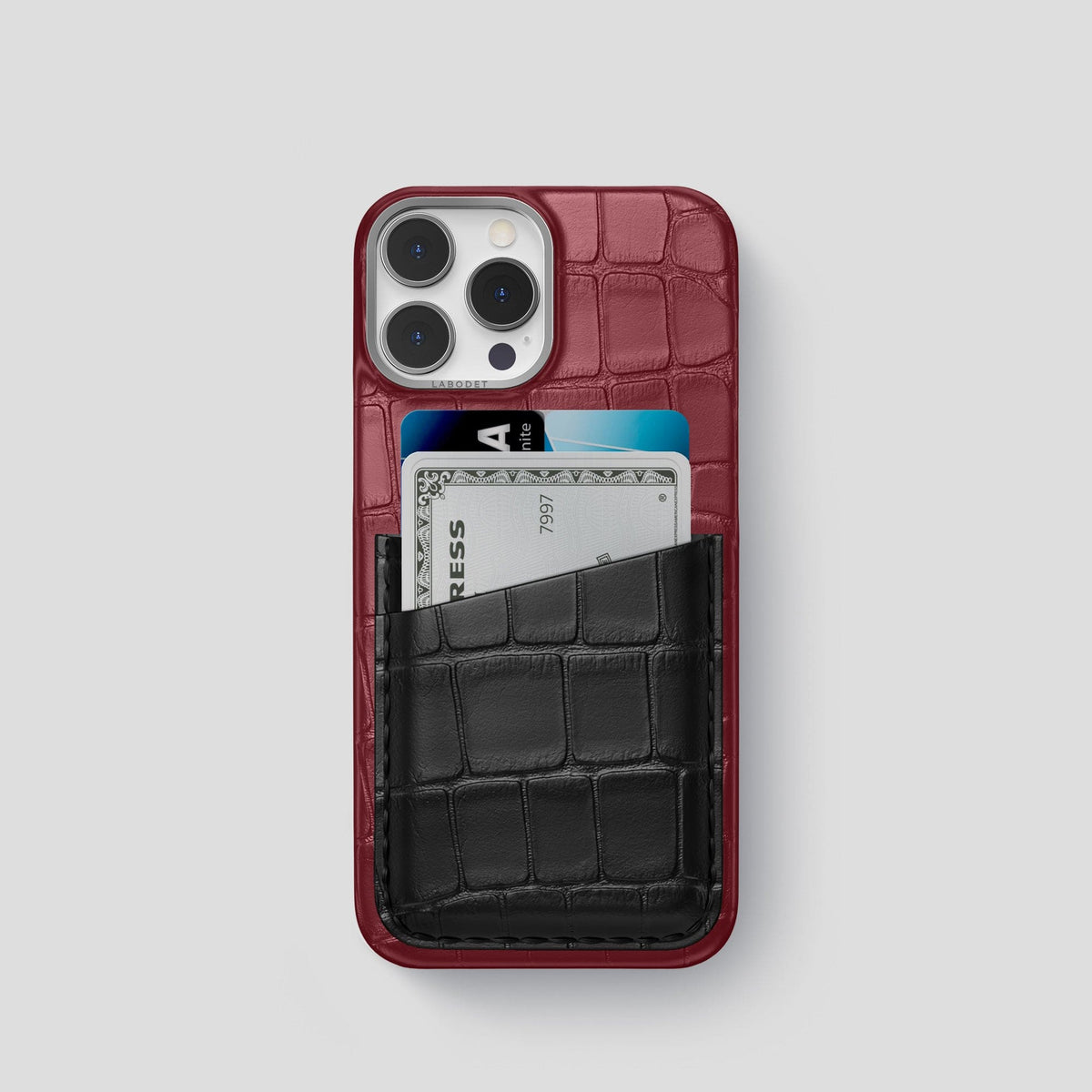 Burgundy-Black iPhone 14 Pro Card Case Alligator with Steel Metal -1 | Burgundy-Black-Steel